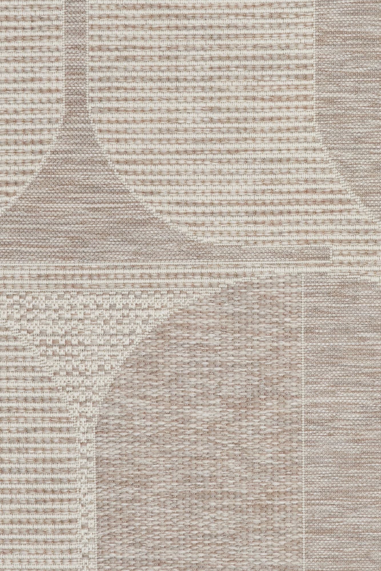 The Patio  Ovals Linen indoor/outdoor rug featuring neutral tones and a modern designed pattern, power-loomed from UV-stabilised polypropylene for lasting durability. Colours, Linen, Beiges and hints of light grey. 3 sizes. Close.