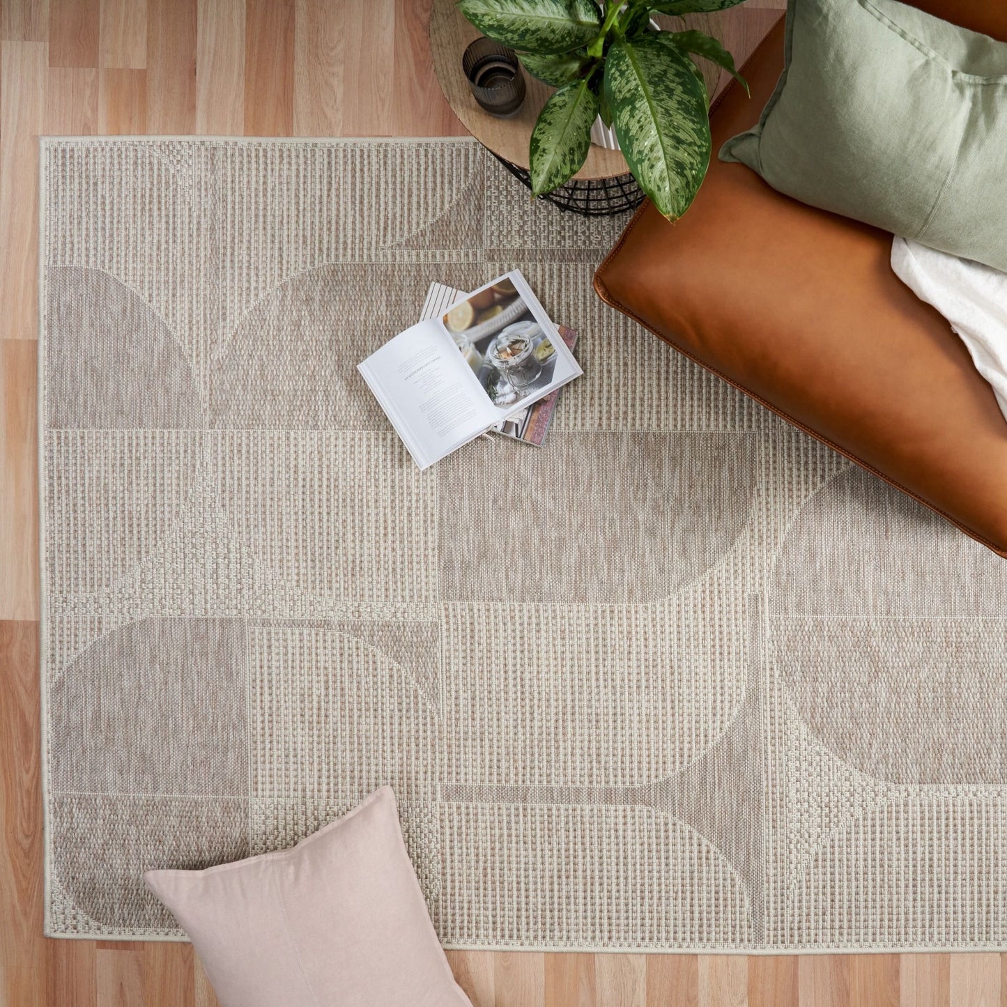 The Patio  Ovals Linen indoor/outdoor rug featuring neutral tones and a modern designed pattern, power-loomed from UV-stabilised polypropylene for lasting durability. Colours, Linen, Beiges and hints of light grey. 3 sizes. LIfe.