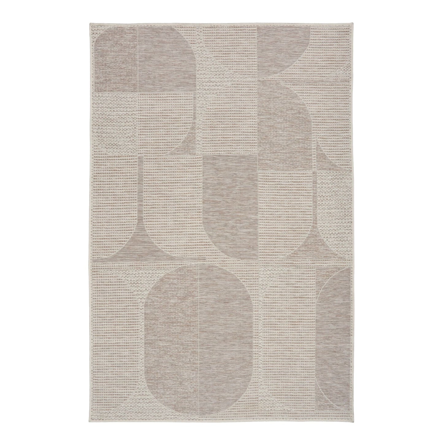 The Patio  Ovals Linen indoor/outdoor rug featuring neutral tones and a modern designed pattern, power-loomed from UV-stabilised polypropylene for lasting durability. Colours, Linen, Beiges and hints of light grey. 3 sizes. Top.