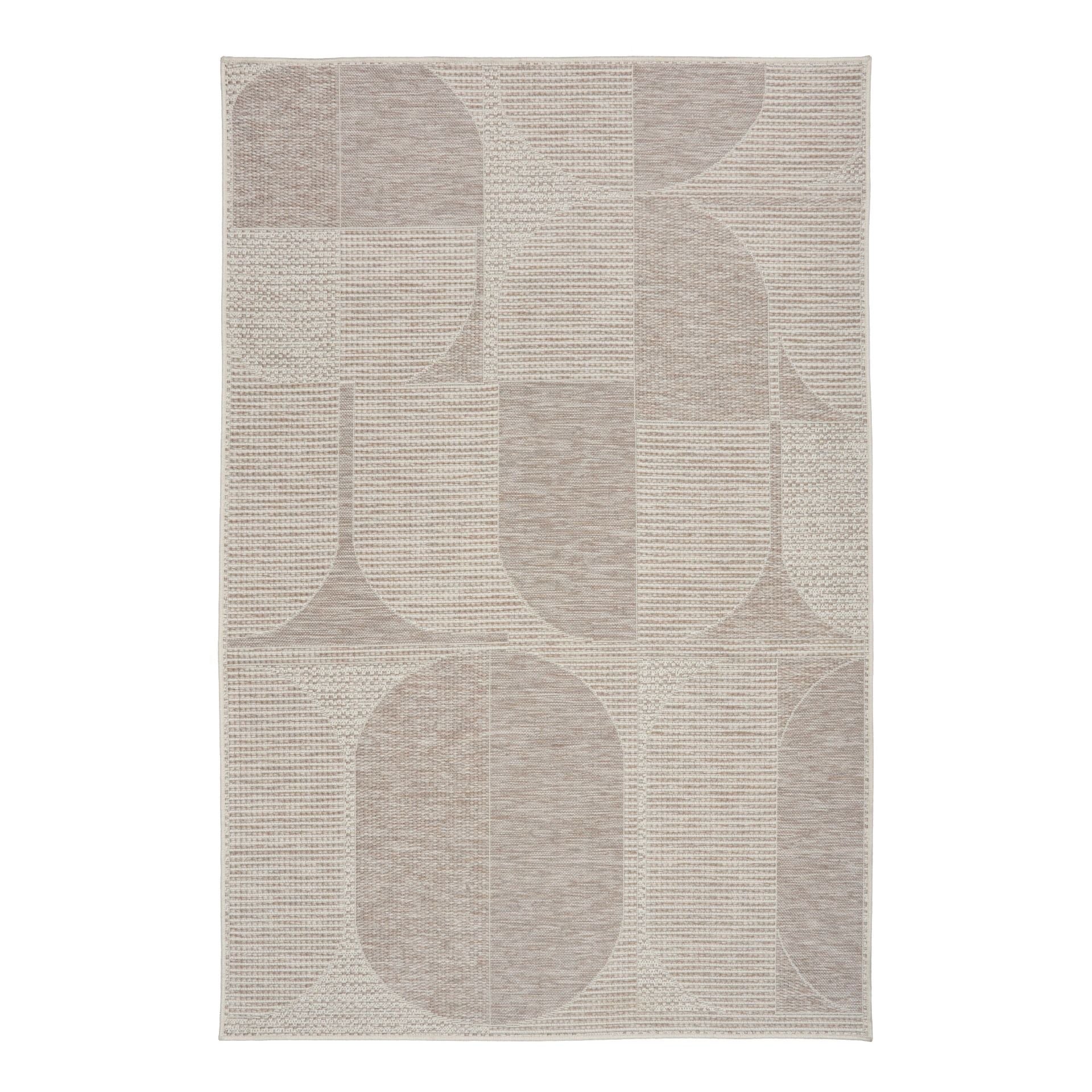 The Patio  Ovals Linen indoor/outdoor rug featuring neutral tones and a modern designed pattern, power-loomed from UV-stabilised polypropylene for lasting durability. Colours, Linen, Beiges and hints of light grey. 3 sizes. Top.