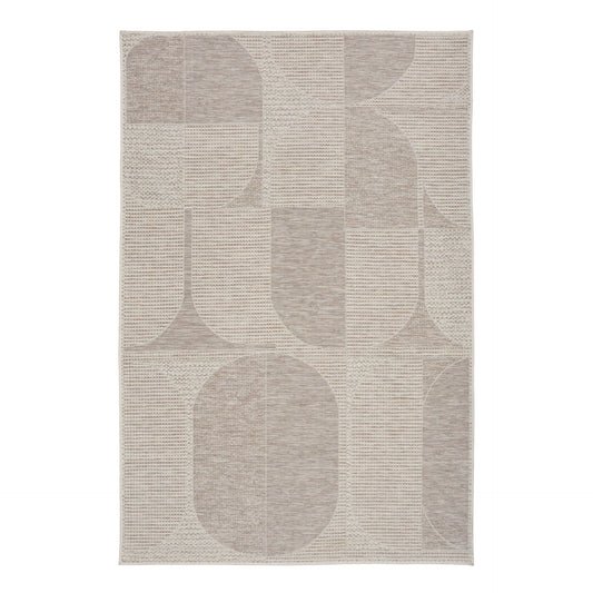 The Patio  Ovals Linen indoor/outdoor rug featuring neutral tones and a modern designed pattern, power-loomed from UV-stabilised polypropylene for lasting durability. Colours, Linen, Beiges and hints of light grey. 3 sizes. Top.
