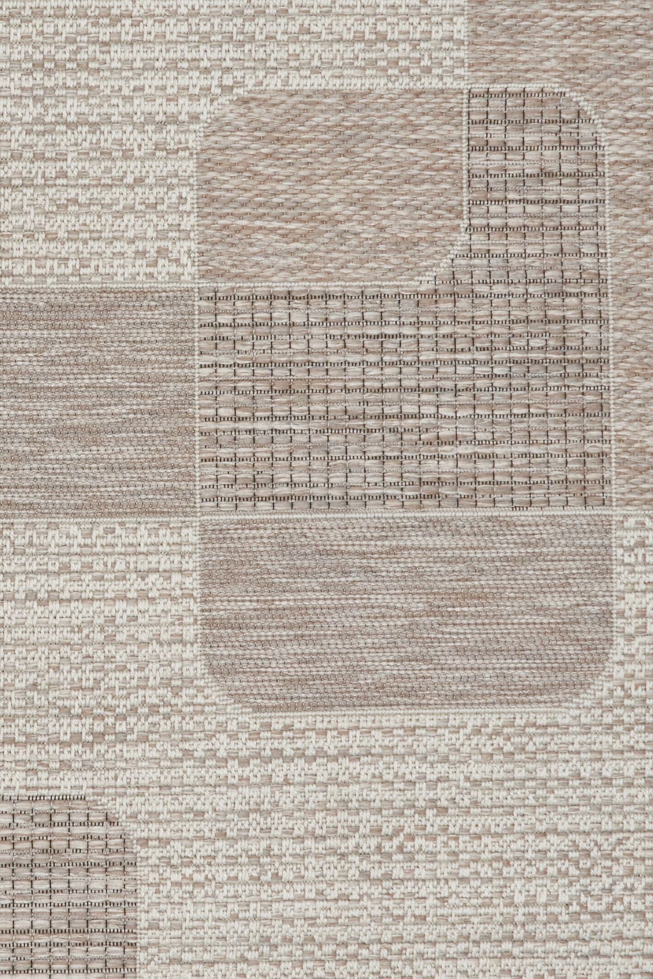 The Patio Squares Linen indoor/outdoor rug featuring neutral tones and a modern designed pattern, power-loomed from UV-stabilised polypropylene for lasting durability. Colours, Linen, Beiges and hints of light grey. 3 sizes. Close.