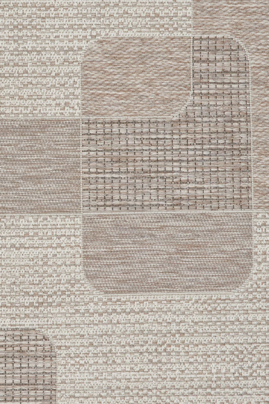 The Patio Squares Linen indoor/outdoor rug featuring neutral tones and a modern designed pattern, power-loomed from UV-stabilised polypropylene for lasting durability. Colours, Linen, Beiges and hints of light grey. 3 sizes. Close.