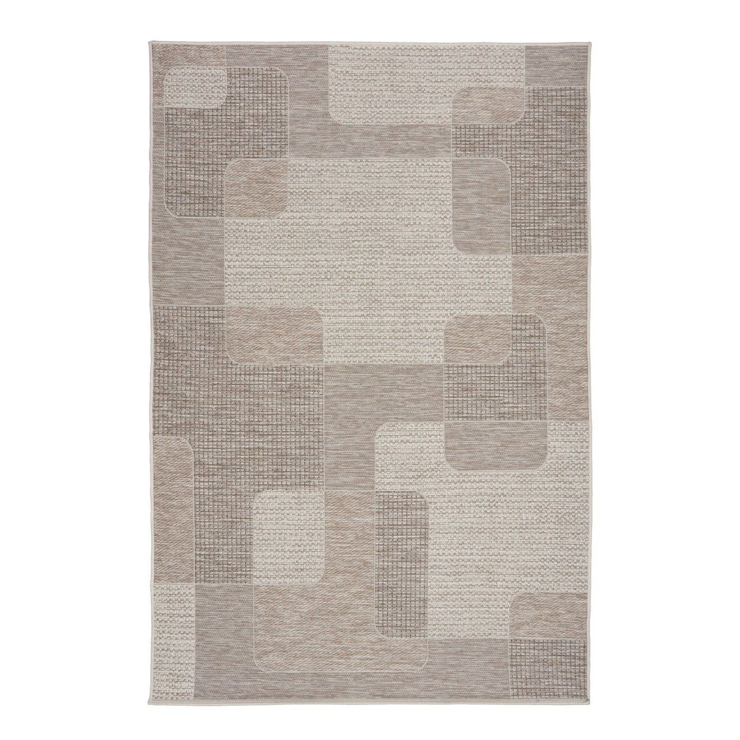 The Patio Squares Linen indoor/outdoor rug featuring neutral tones and a modern designed pattern, power-loomed from UV-stabilised polypropylene for lasting durability. Colours, Linen, Beiges and hints of light grey. 3 sizes. Top.