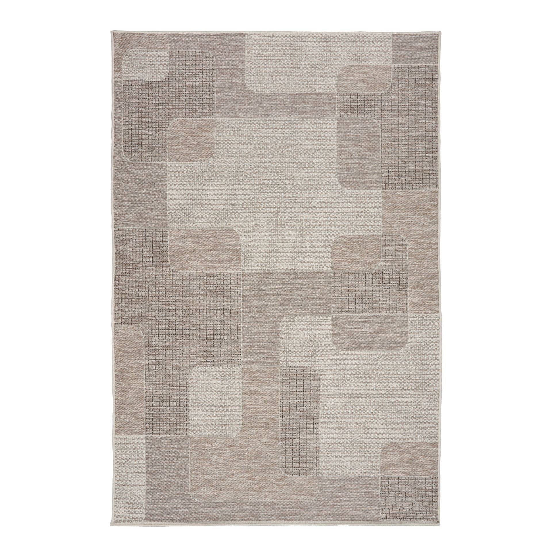 The Patio Squares Linen indoor/outdoor rug featuring neutral tones and a modern designed pattern, power-loomed from UV-stabilised polypropylene for lasting durability. Colours, Linen, Beiges and hints of light grey. 3 sizes. Top.