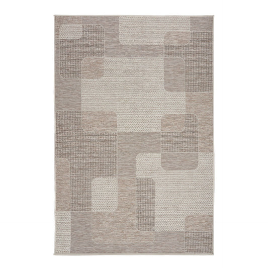 The Patio Squares Linen indoor/outdoor rug featuring neutral tones and a modern designed pattern, power-loomed from UV-stabilised polypropylene for lasting durability. Colours, Linen, Beiges and hints of light grey. 3 sizes. Top.