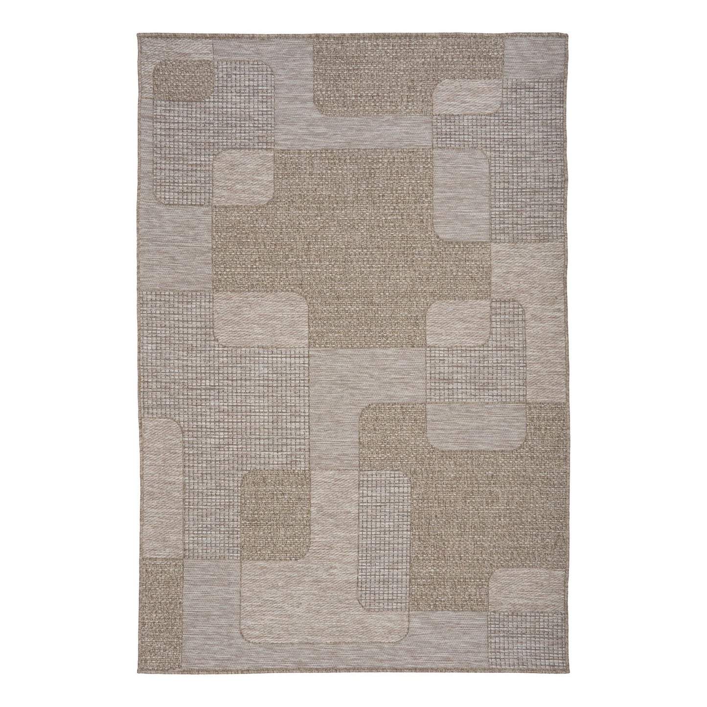 The Patio Squares Straw indoor/outdoor rug featuring neutral tones and a modern designed pattern, power-loomed from UV-stabilised polypropylene for lasting durability. Colours, Linen, Beiges and hints of light grey. 3 sizes. Top.