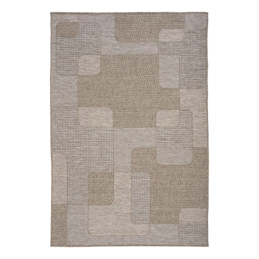 The Patio Squares Straw indoor/outdoor rug featuring neutral tones and a modern designed pattern, power-loomed from UV-stabilised polypropylene for lasting durability. Colours, Linen, Beiges and hints of light grey. 3 sizes. Top.