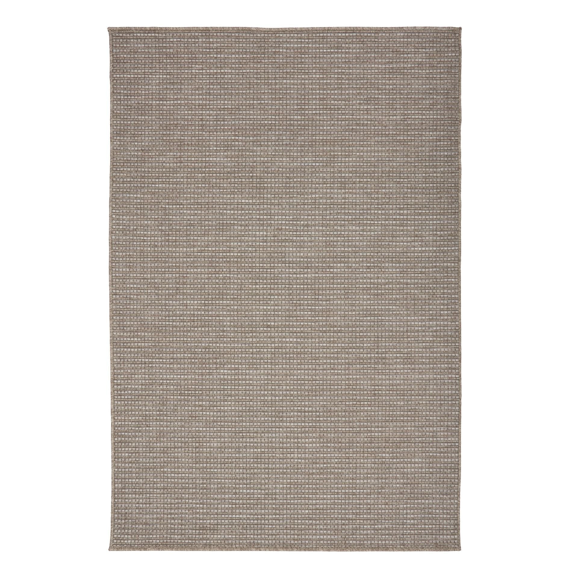 The Patio Straw 20721 indoor/outdoor rug featuring neutral tones and a modern designed pattern, power-loomed from UV-stabilised polypropylene for lasting durability. Colours Greys, Beiges and hints of light grey. 3 sizes. Top.