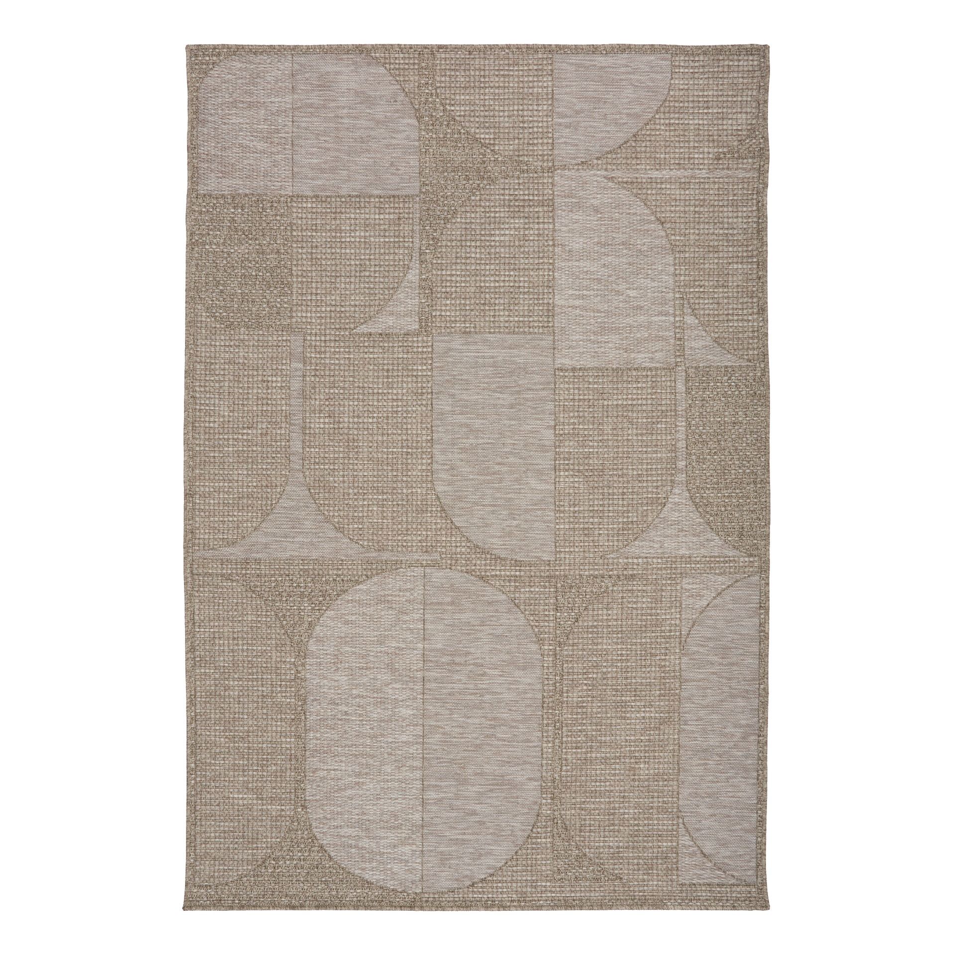 The Patio Straw 65001 indoor/outdoor rug featuring neutral tones and a modern designed pattern, power-loomed from UV-stabilised polypropylene for lasting durability. Colours, Linen, Beiges and hints of light grey. 3 sizes. Top.