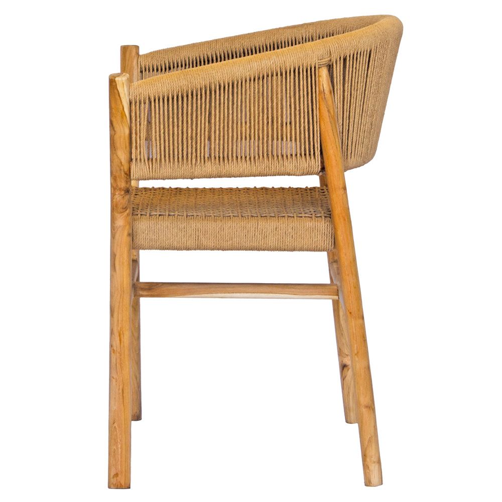 The Pawnee Dining Chair features a sustainable teak frame and hand-crafted rope seat and back. Colours, natural frame with white rope. Measures 560 wide X 520 depth x 480 seat height x 800 back height. Side Plain.