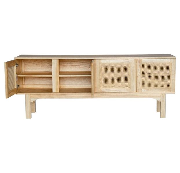 The Pendleton 4 door natural buffet features four rattan mesh doors and is made from sustainable white cedar. Colour natural. Measures 1800 length X 400 depth X 700 height. Front Open.