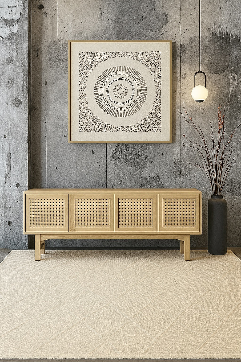 The Pendleton 4 door natural buffet features four rattan mesh doors and is made from sustainable white cedar. Colour natural. Measures 1800 length X 400 depth X 700 height. Styled.