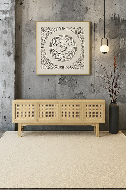 The Pendleton 4 door natural buffet features four rattan mesh doors and is made from sustainable white cedar. Colour natural. Measures 1800 length X 400 depth X 700 height. Styled.