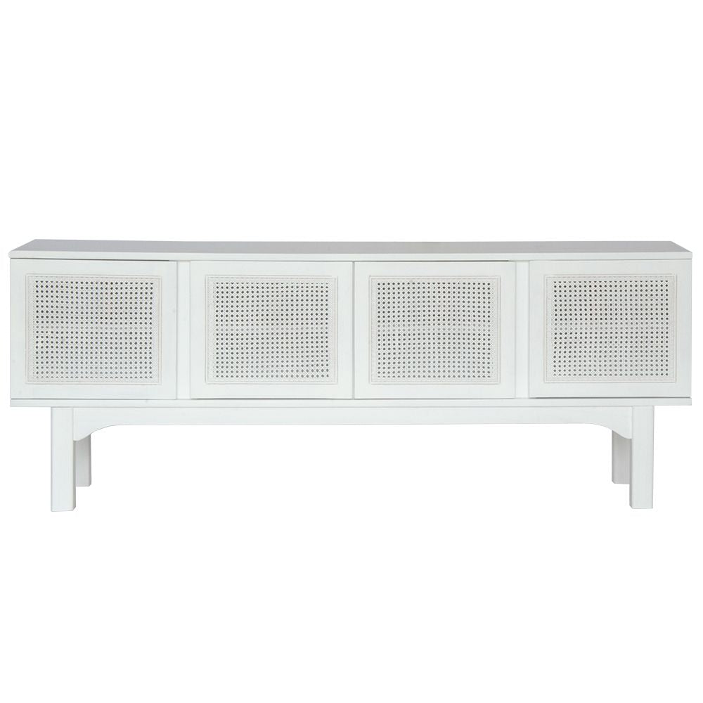 The Pendleton 4 door white buffet features four rattan mesh doors and is made from sustainable white cedar. Colour white. Measures 1800 length X 400 depth X 700 height. Front Plain.