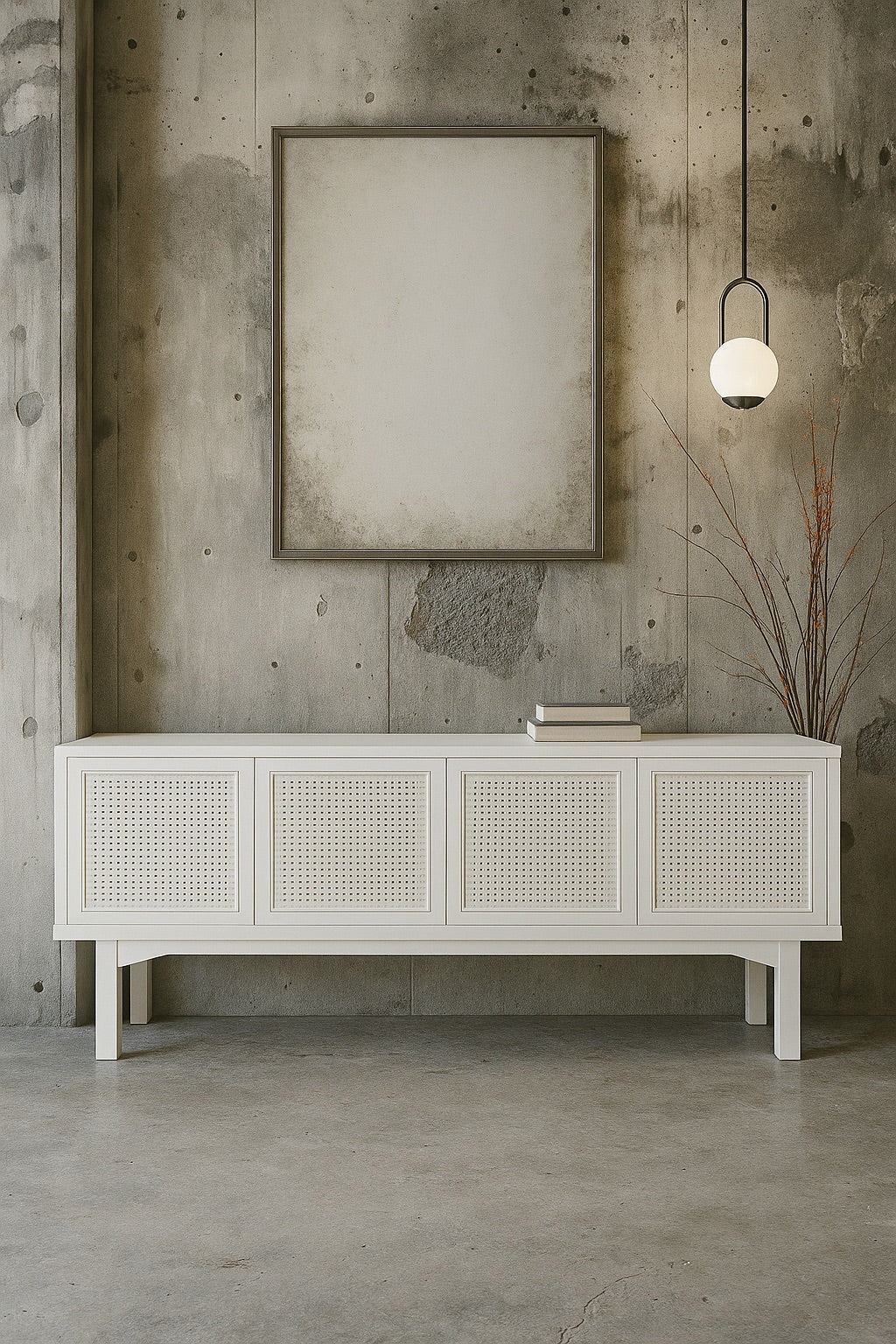 The Pendleton 4 door white buffet features four rattan mesh doors and is made from sustainable white cedar. Colour white. Measures 1800 length X 400 depth X 700 height. Styled.
