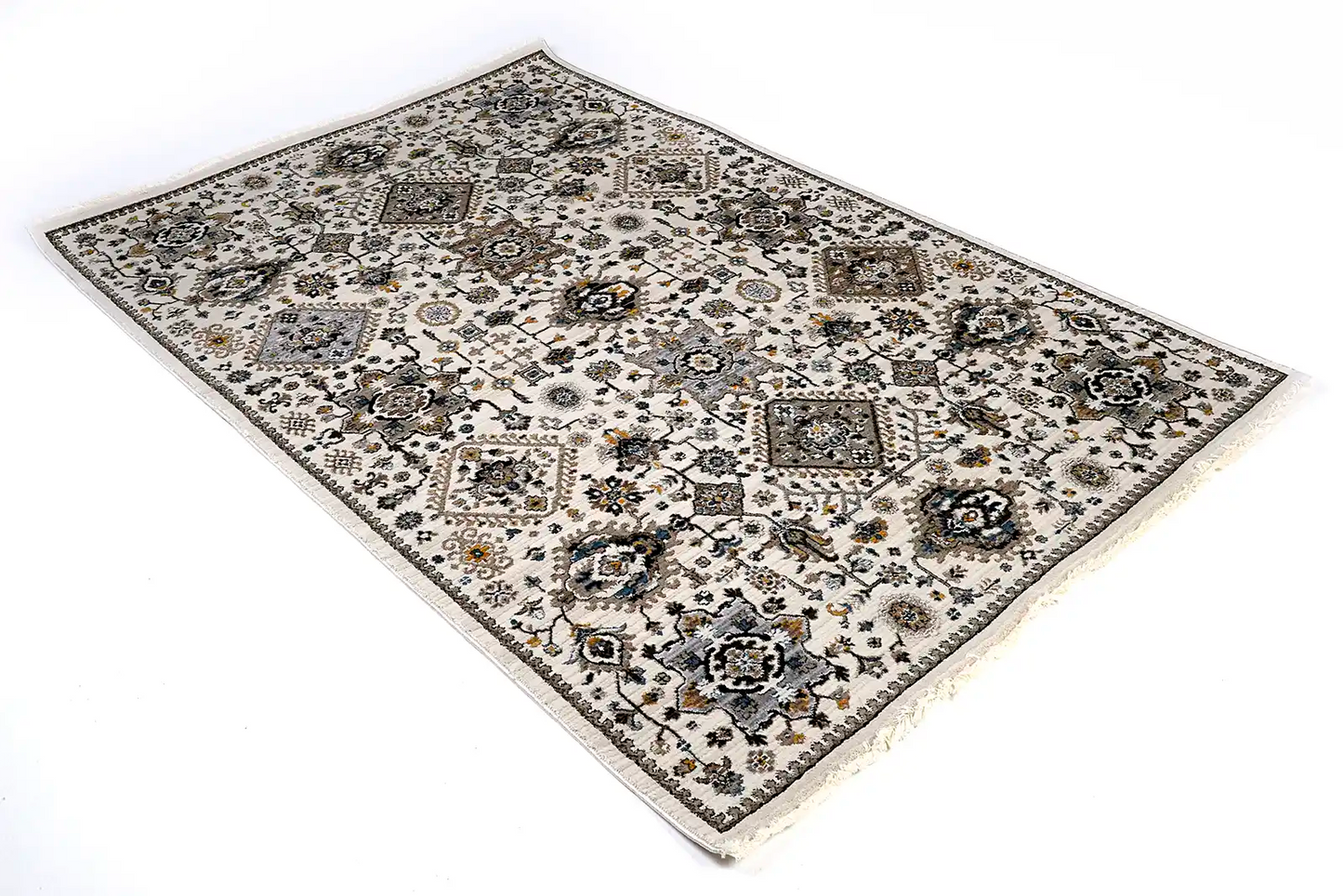 Persia Beige is a machine made traditional designed rug crafted from luxurious polyester for soft feel.  It has a 7-9mm Pile height. Colours beige with colourful accents. Sizes 160 X 230, 200 X 290, 240 X 340 and 300 X 400. Full.