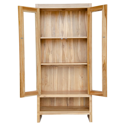 The Pisces Cabinet. Crafted from A grade teak featuring 2 glass doors and 1 lower shelf. Colour Natural. Measures 1700H x 450D x 800W. Open.