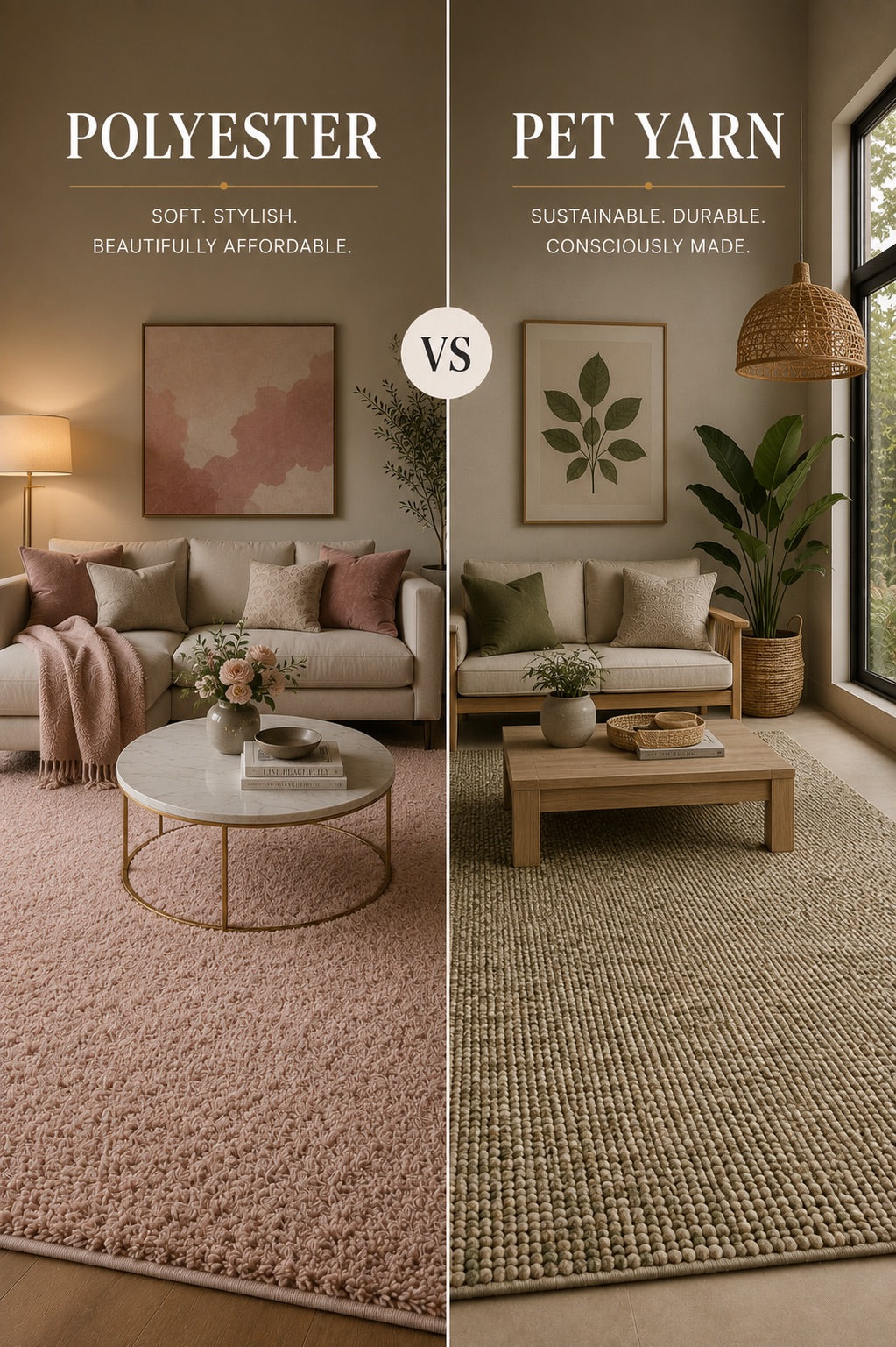 A split image of a polyester rug and PET Yarn rug both styled in modern Perth home living room settings.