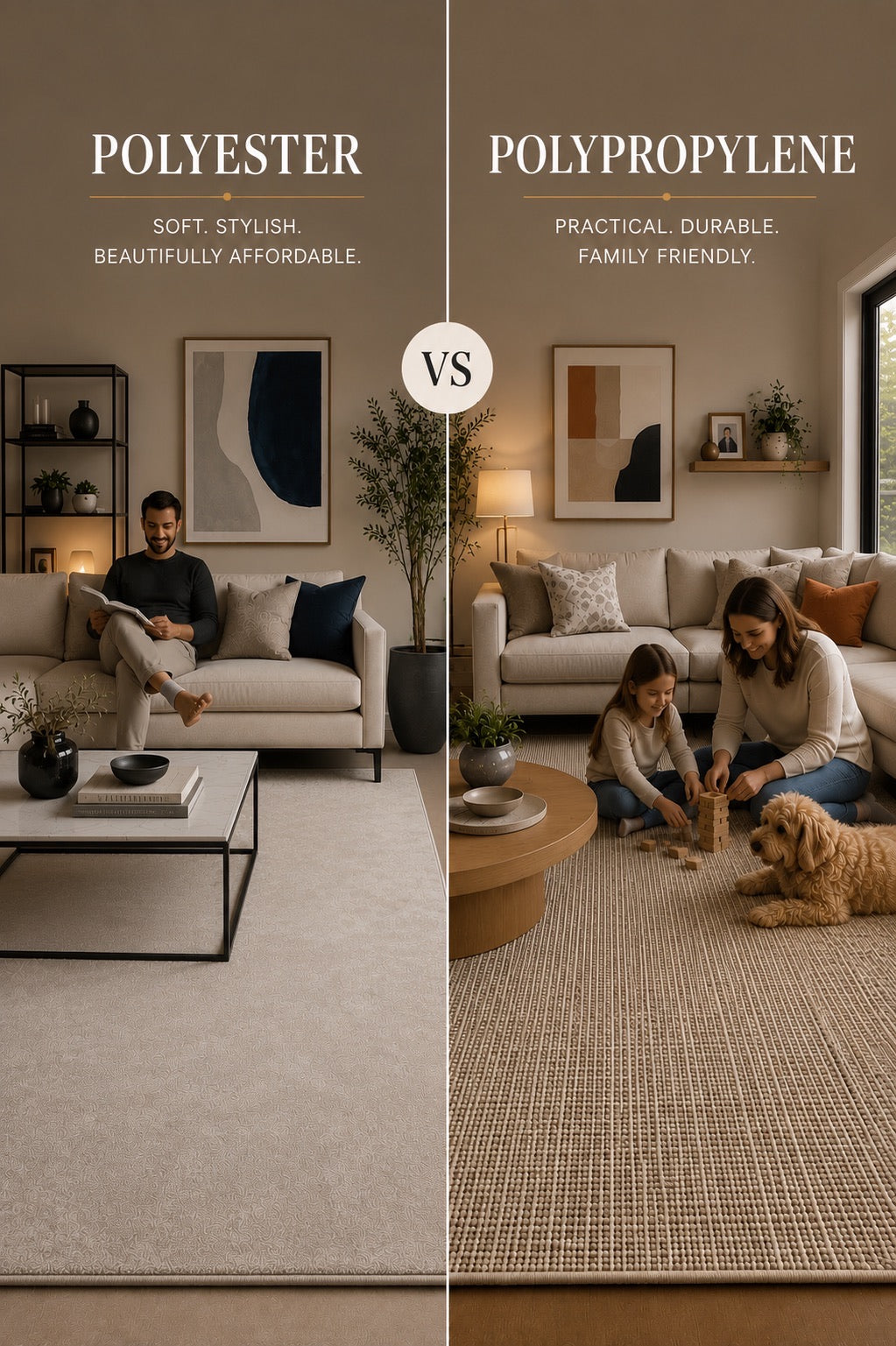 A split image of a polyester rug and wool rug both in modern Perth home living room settings.