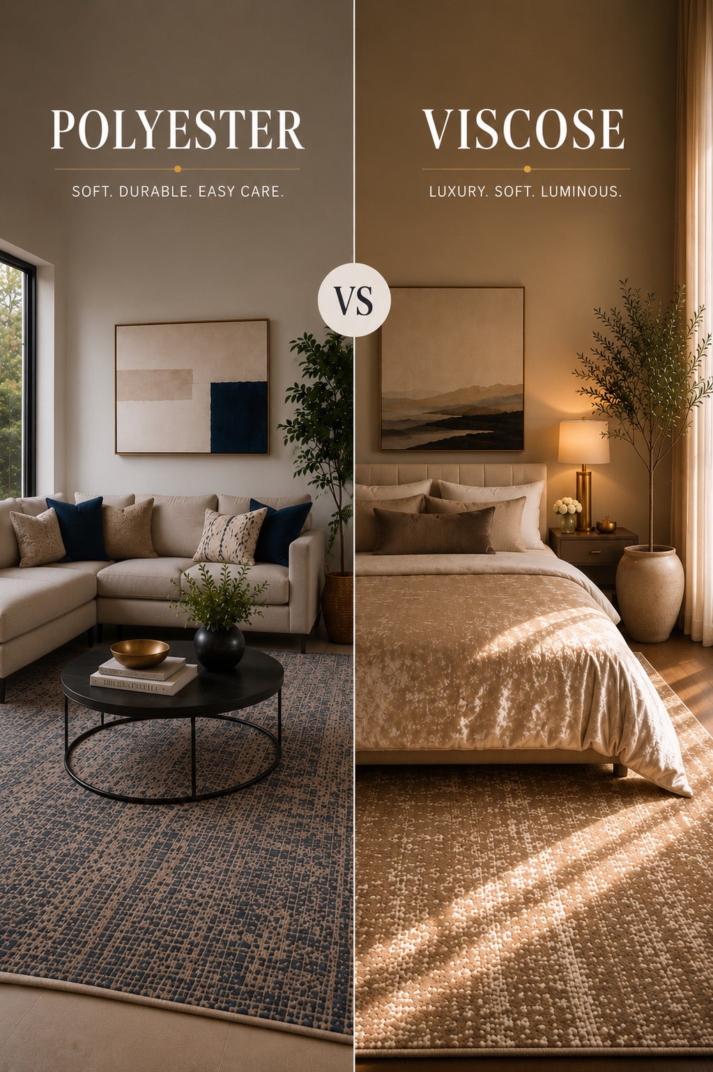 A split image of a polyester rug styled in a modern Perth home living room and viscose rug styled in modern Perth home bedroom.