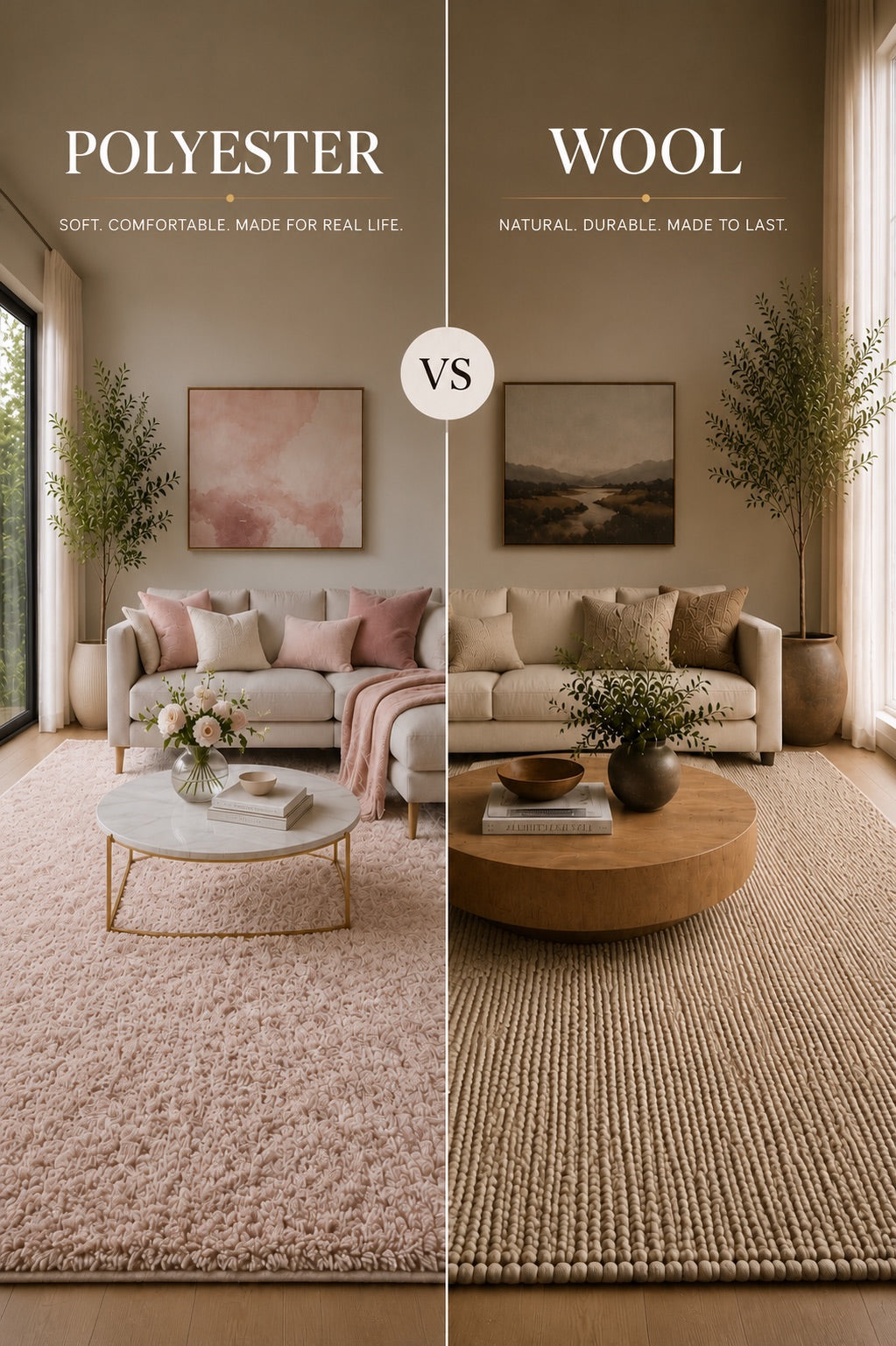 A split image of a polyester rug and a wool rug both styled in modern Perth home living rooms.