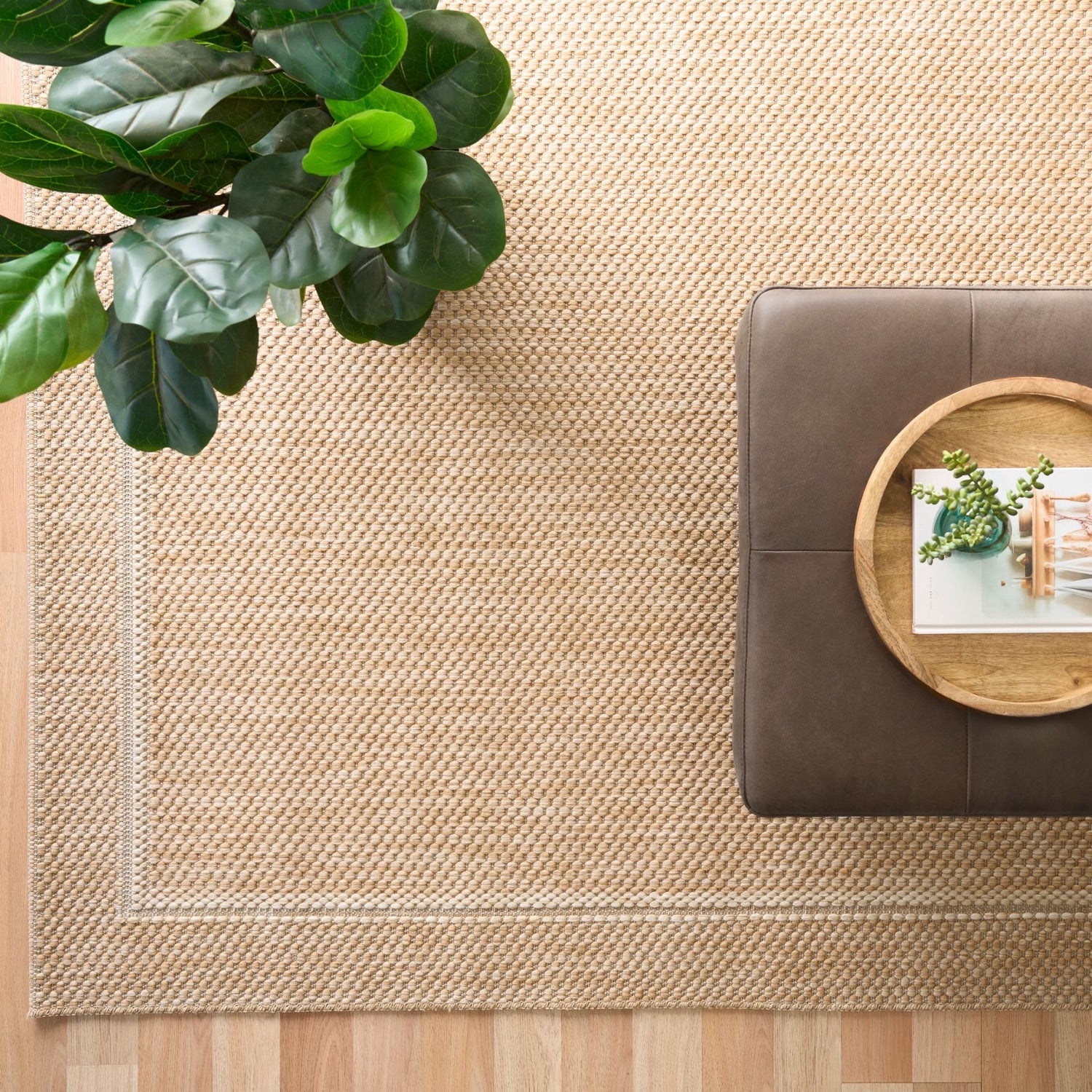 A styled UV resistant polypropylene indoor/outdoor rug.