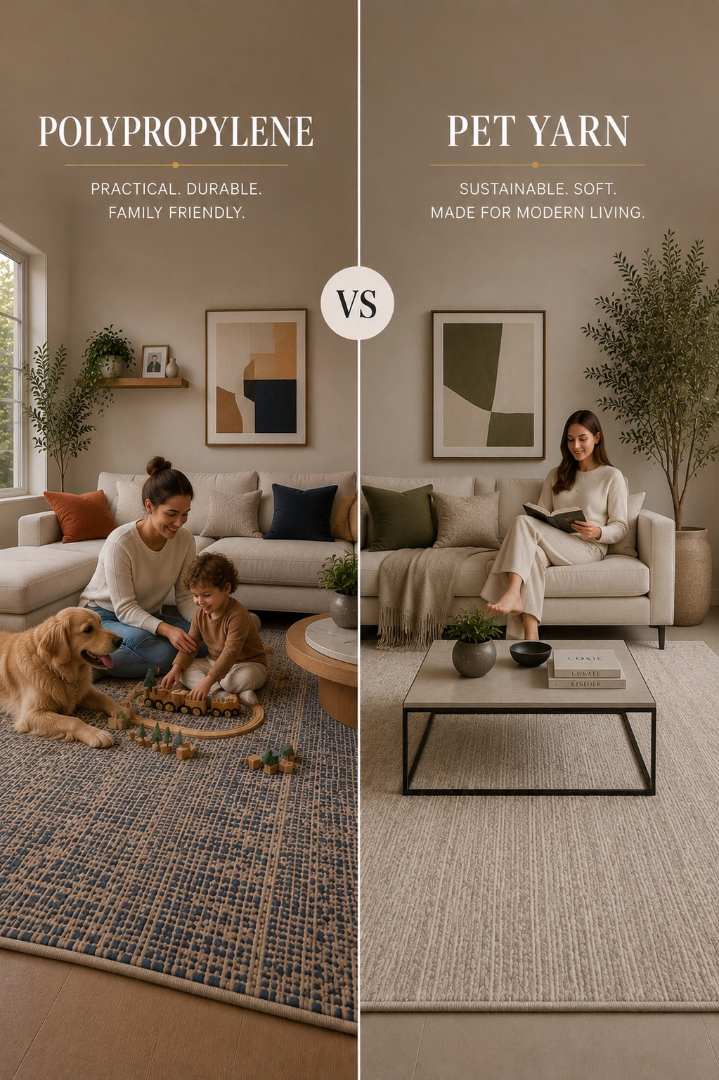 A split image of a Polypropylene rug styled in a modern Perth home living room and a PET Yarn rug styled in a modern Perth home living room.