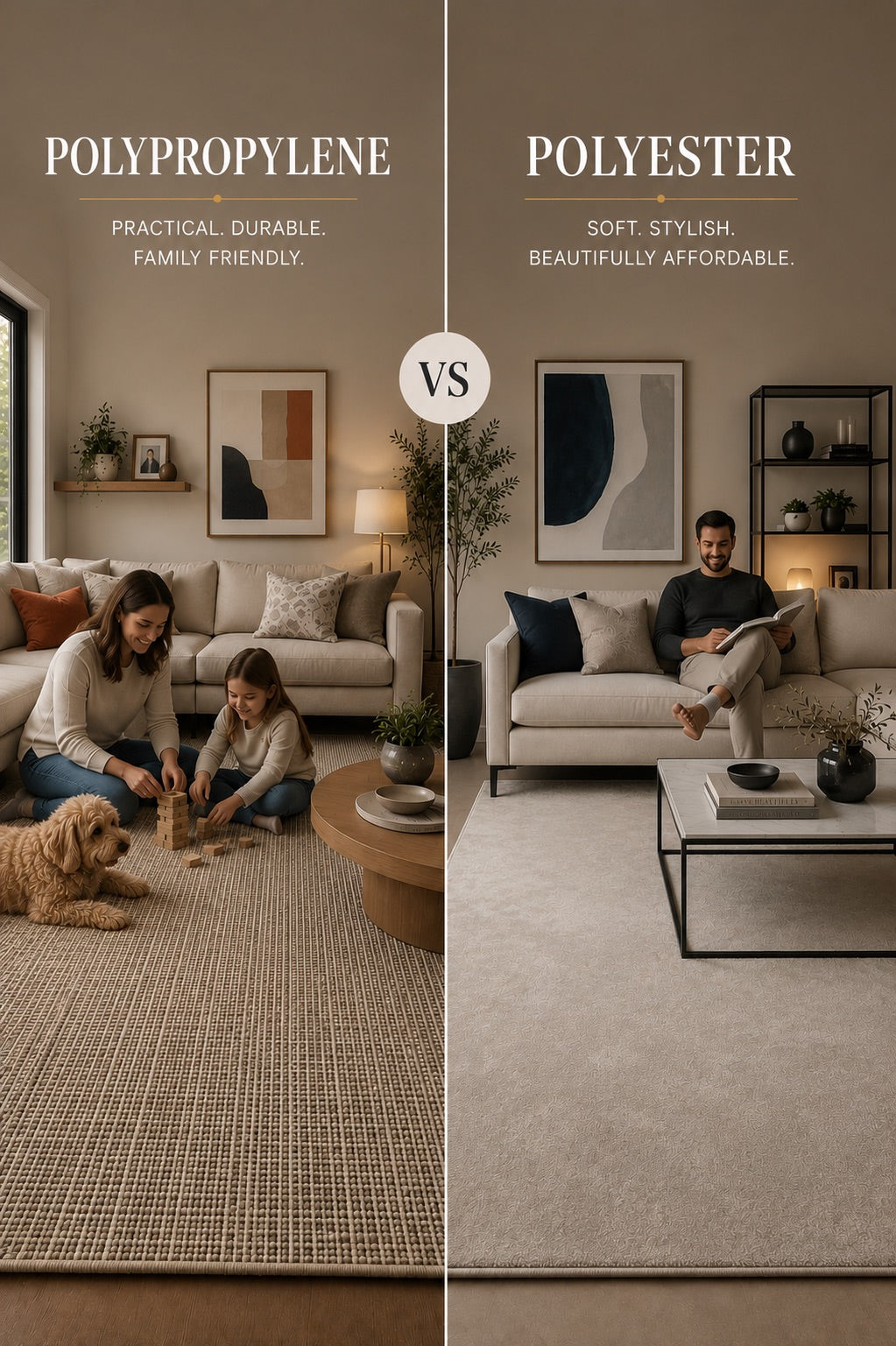 A split image of a Polypropylene rug styled and a bust Perth home living room setting and a Polyester rug styled in a relaxed Perth home living room setting.