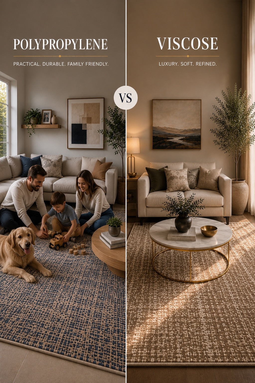 A split image of a Polypropylene rug styled in an active Perth home living room setting and a. Viscose rug styled in a formal Perth home living room setting.