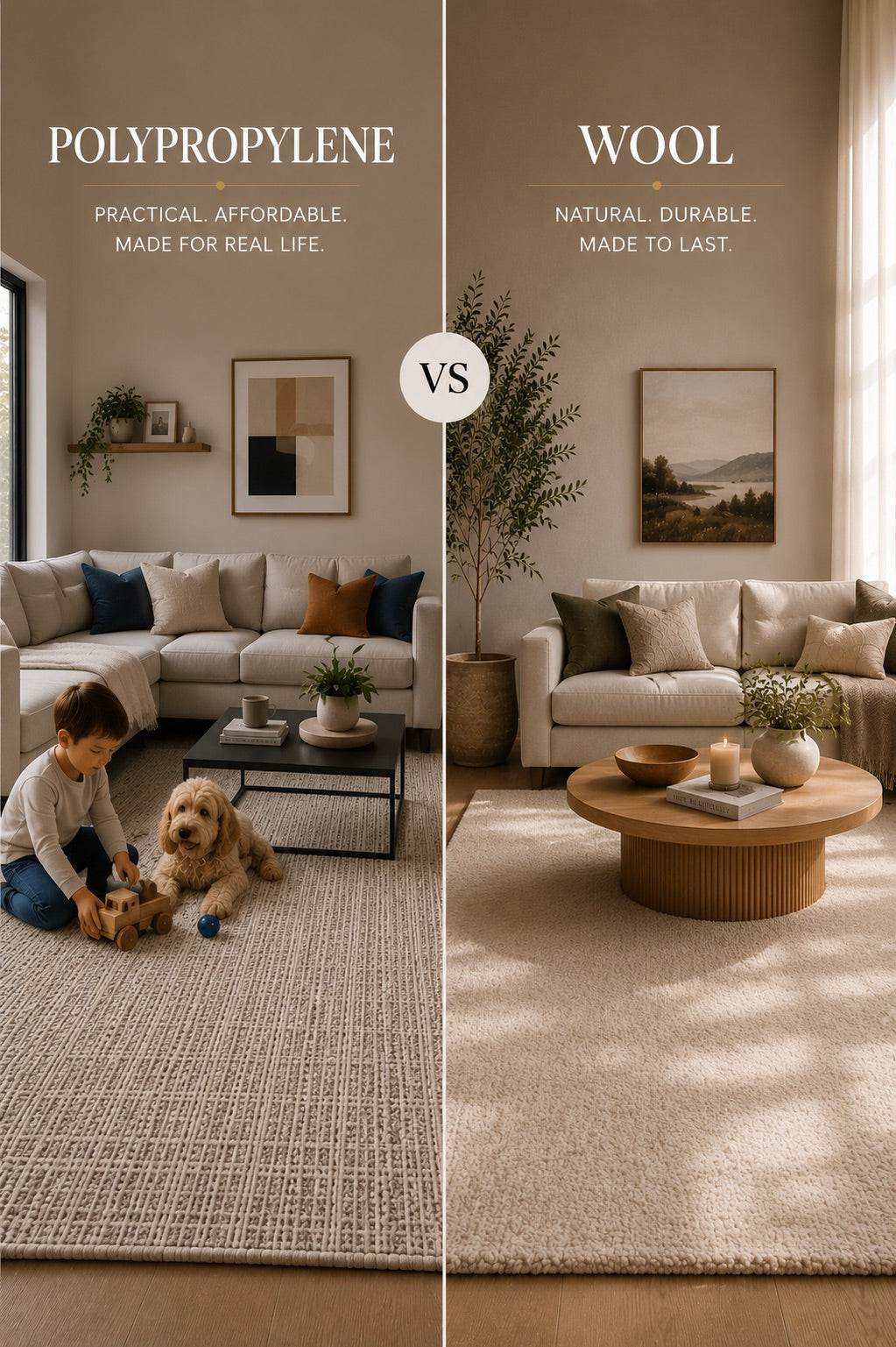 A split image of a Polypropylene rug styled in an active Perth home living room setting and Wool Rug Styled in a modern Perth home living room setting.