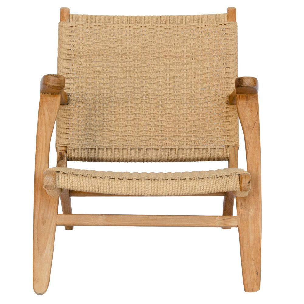 The Poppy Occasional Chair. Made with sustainable teak and synthetic rope, this occasional chair exudes style while providing comfort and durability. Measures 630 Wide X 700 Depth X 700 Height - 300 Seat Height. Front.