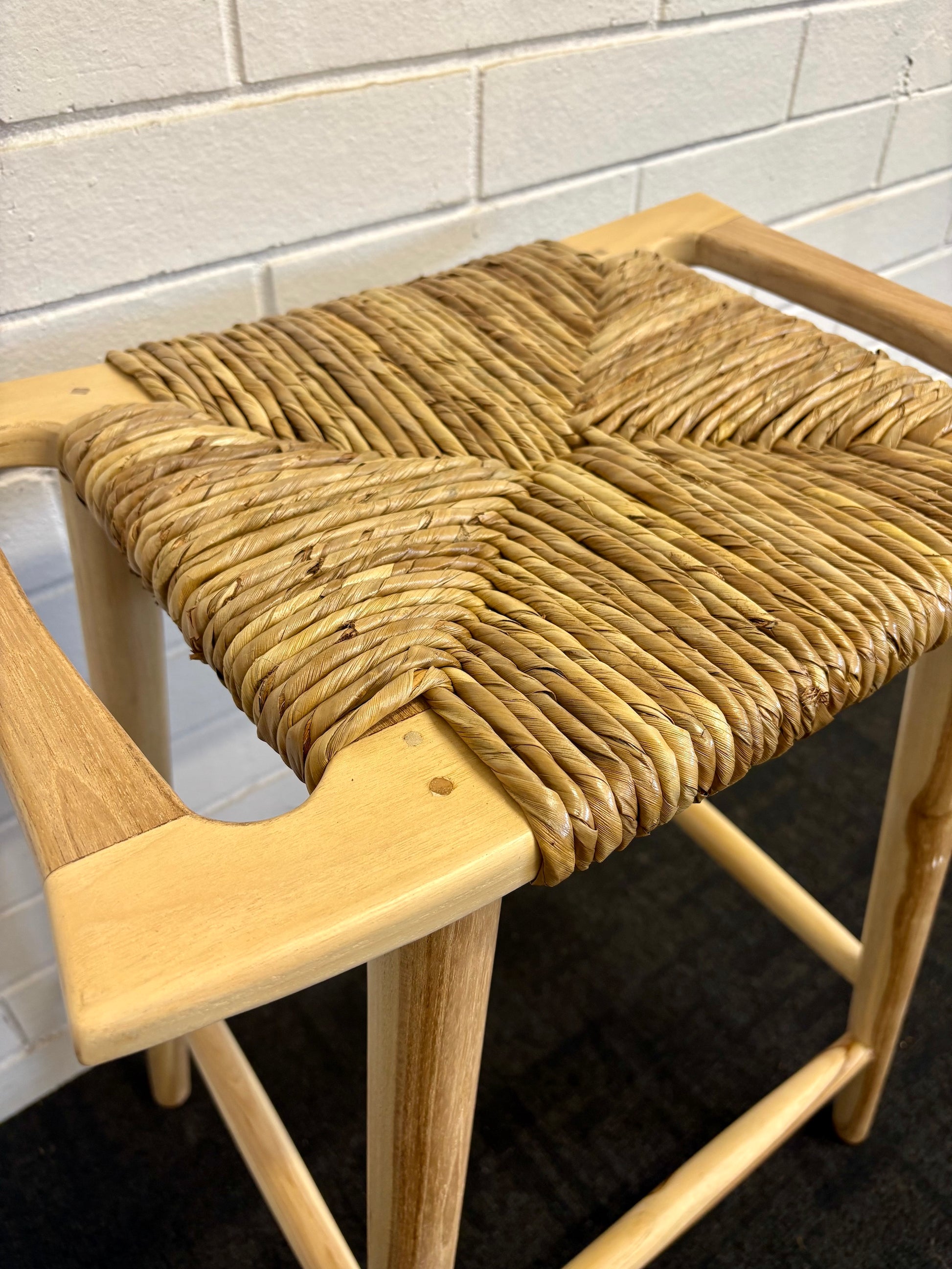 The Potomac Barstool gives a coastal contemporary vibe. Crafted from a sustainable teak frame, the seat is made of durable synthetic pandan rope. Colour natural. Measures 560 wide X 360 depth X 680 height. Close.