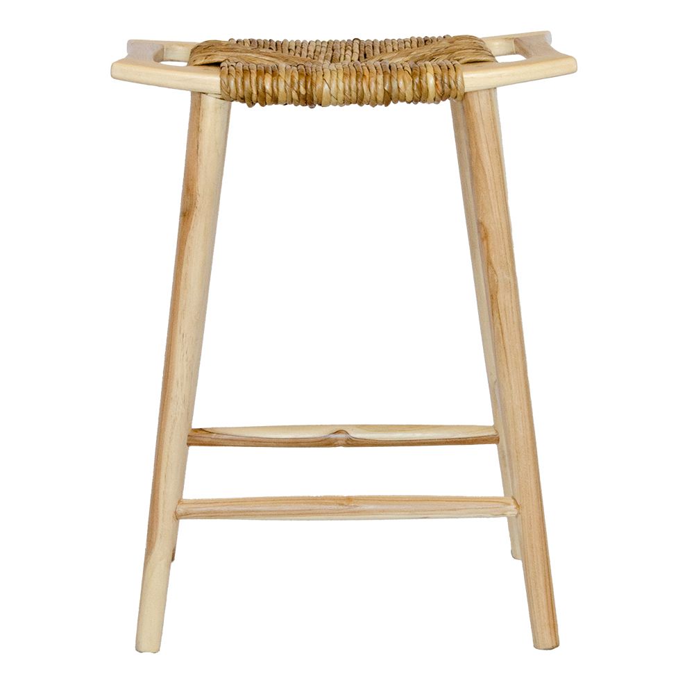 The Potomac Barstool gives a coastal contemporary vibe. Crafted from a sustainable teak frame, the seat is made of durable synthetic pandan rope. Colour natural. Measures 560 wide X 360 depth X 680 height. Front Plain.