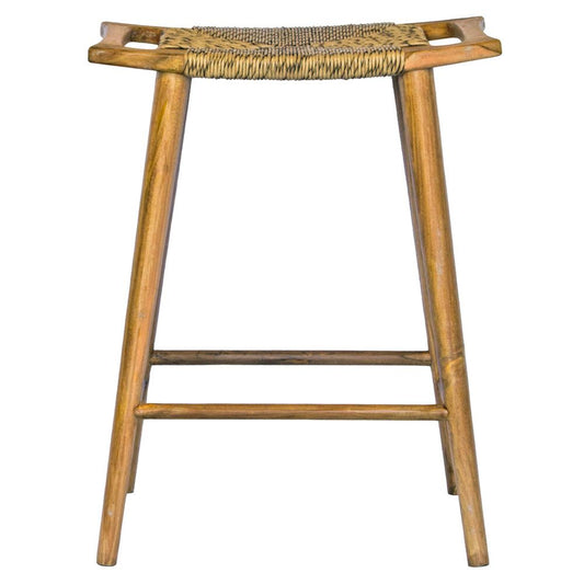 The Potomac Barstool gives a coastal contemporary vibe. Crafted from a sustainable teak frame, the seat is made of durable synthetic rope. Colour natural. Measures 560 wide X 360 depth X 680 height. Front Plain.