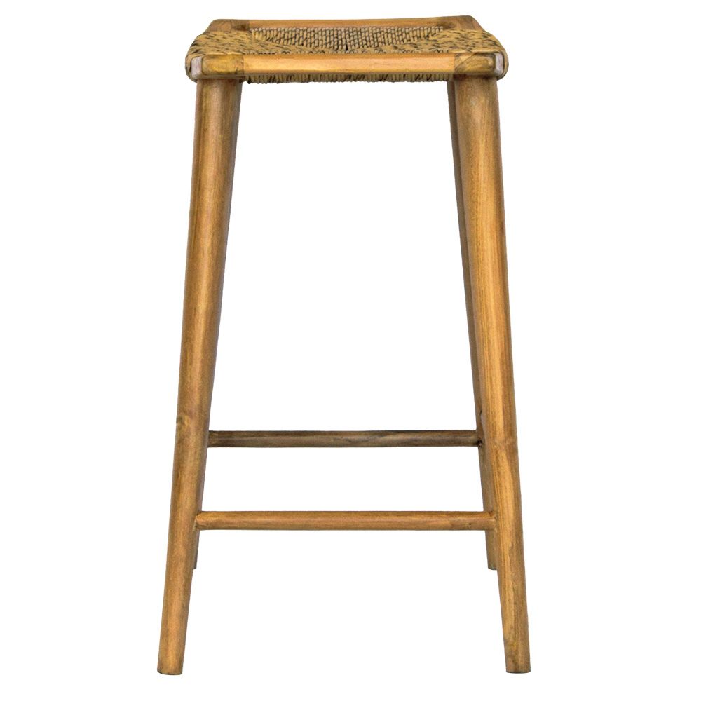 The Potomac Barstool gives a coastal contemporary vibe. Crafted from a sustainable teak frame, the seat is made of durable synthetic rope. Colour natural. Measures 560 wide X 360 depth X 680 height. Side Plain.