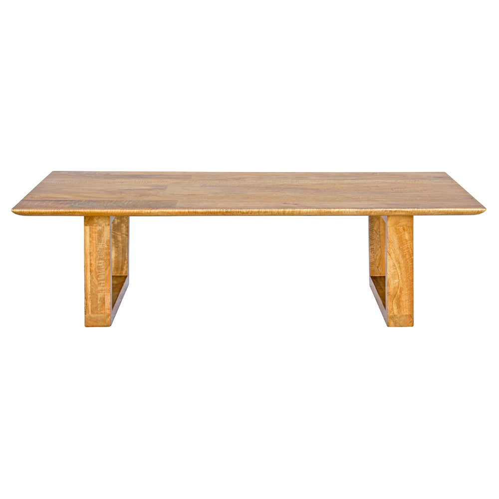 The Presley Coffee Table features a rectangular top and a u-leg design.  Crafted from sustainable fruitwood. Colour natural. Measures 1400 length X 700 wide X 400 height. Front Plain.