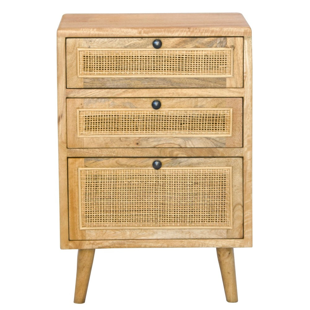 The Rainier 3 drawer bedside is constructed from fruitwood and features rattan mesh drawer faces. Each of the three drawers are on wood runners. Colour natural. Measures 450 length X 330 depth X 660 height. Front Plain.