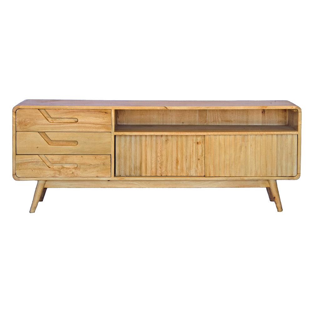 The Redford 3 Drawer 2 Sliding door entertainment unit is a contemporary designed, 3 drawer, on wooden runners, and 2 sliding textured doors entertainment unit.  Crafted from sustainable fruitwood. Colour natural. Measures 1700 length X 400 depth X 650 height. Front Plain.