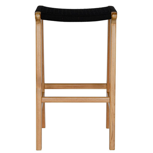 The Rio Grande Barstool boasts a coastal contemporary feel. Crafted from sustainable solid teak and featuring a macrame rope seat. Colour natural frame with black seat. Measures 400 wide X 350 depth X 670 seat height. Front Plain.