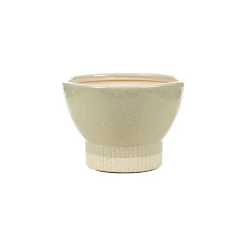 The Romulus Ceramic Pot - Small, 14 X 10, features a cylindrical bottom that tapers out in a bowl shape.  Colours, cream and beige. Measures 14 Diameter X 10 Height. Front Plain.