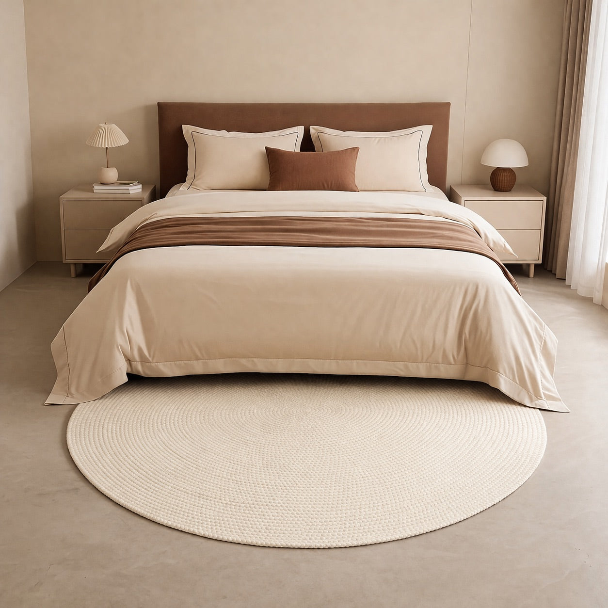 A round textured wool rug styled in a modern Perth home bedroom setting.
