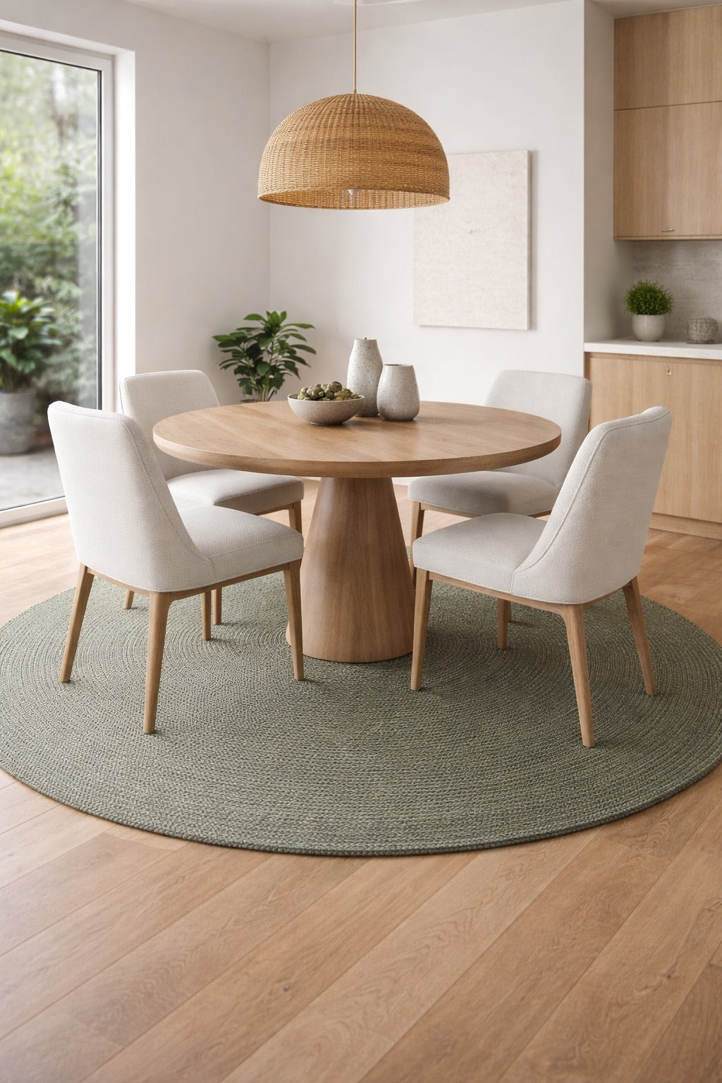 A round hand woven wool rug styled in a modern Perth home dining room setting.
