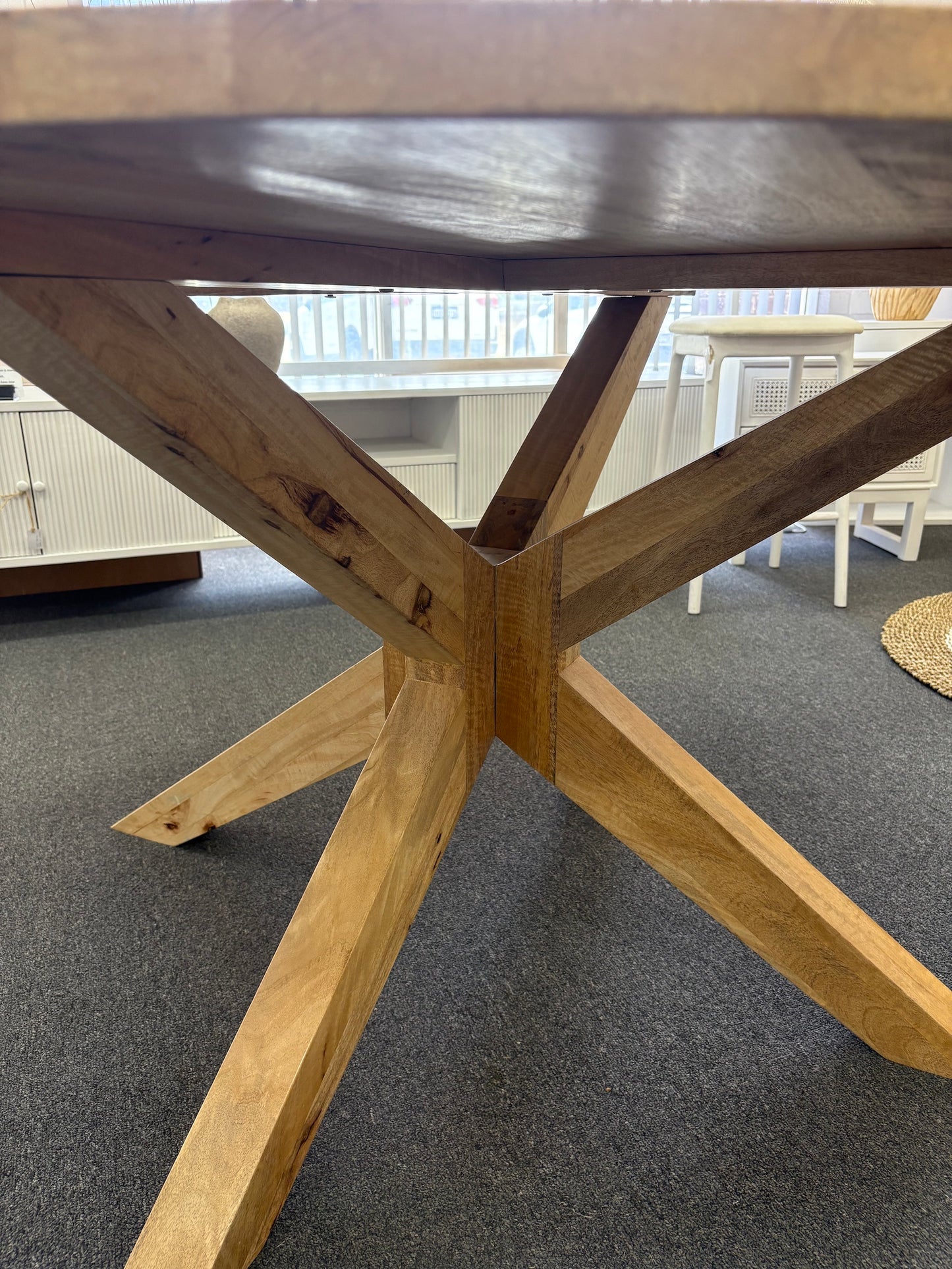 The Roy 1200 Round Dining Table. Solid fruitwood top with ornate legs. Colour Natural. Size 1200 Round Diameter top X 760 Height. Bottom.