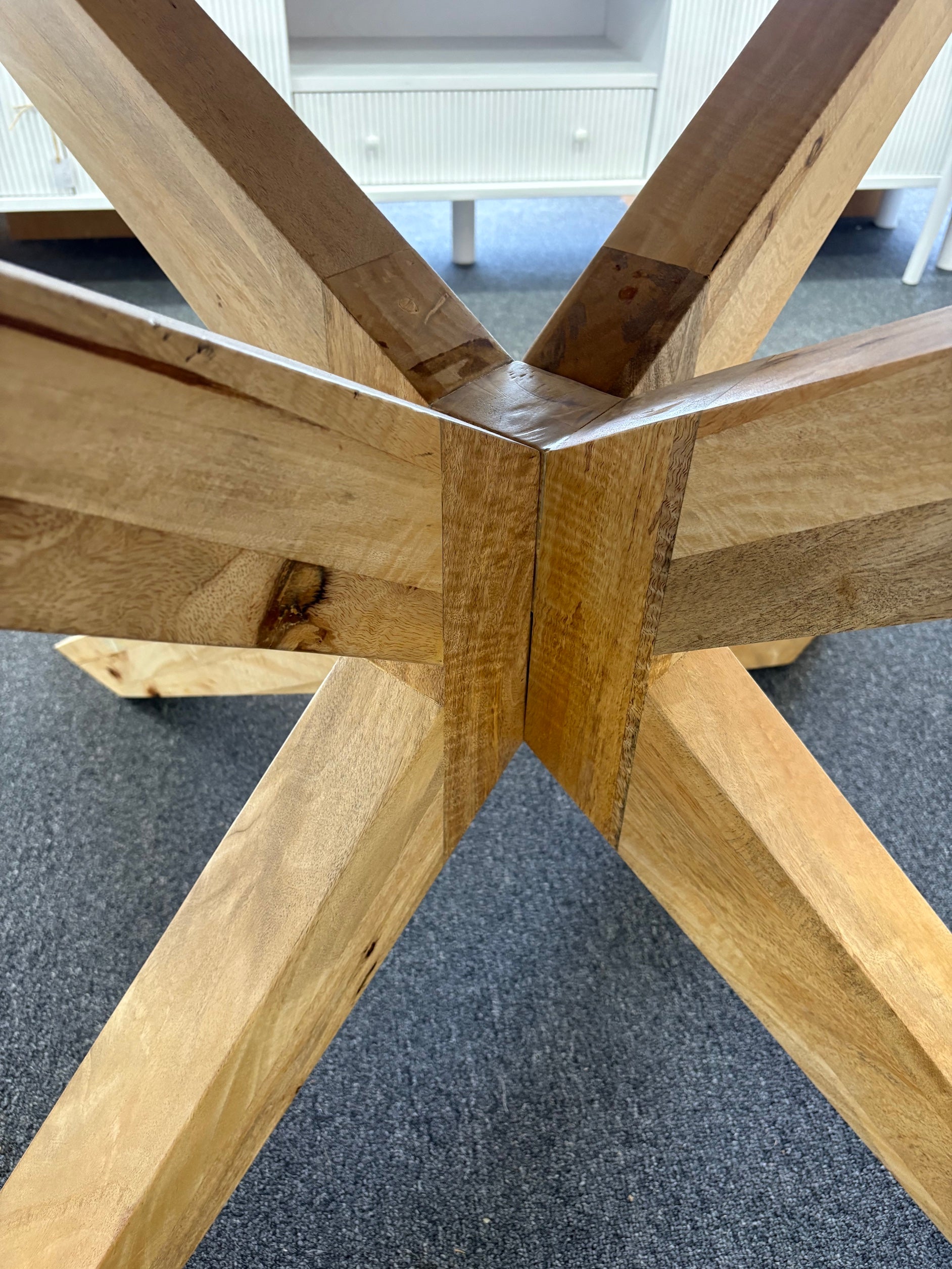 The Roy 1200 Round Dining Table. Solid fruitwood top with ornate legs. Colour Natural. Size 1200 Round Diameter top X 760 Height. Legs.