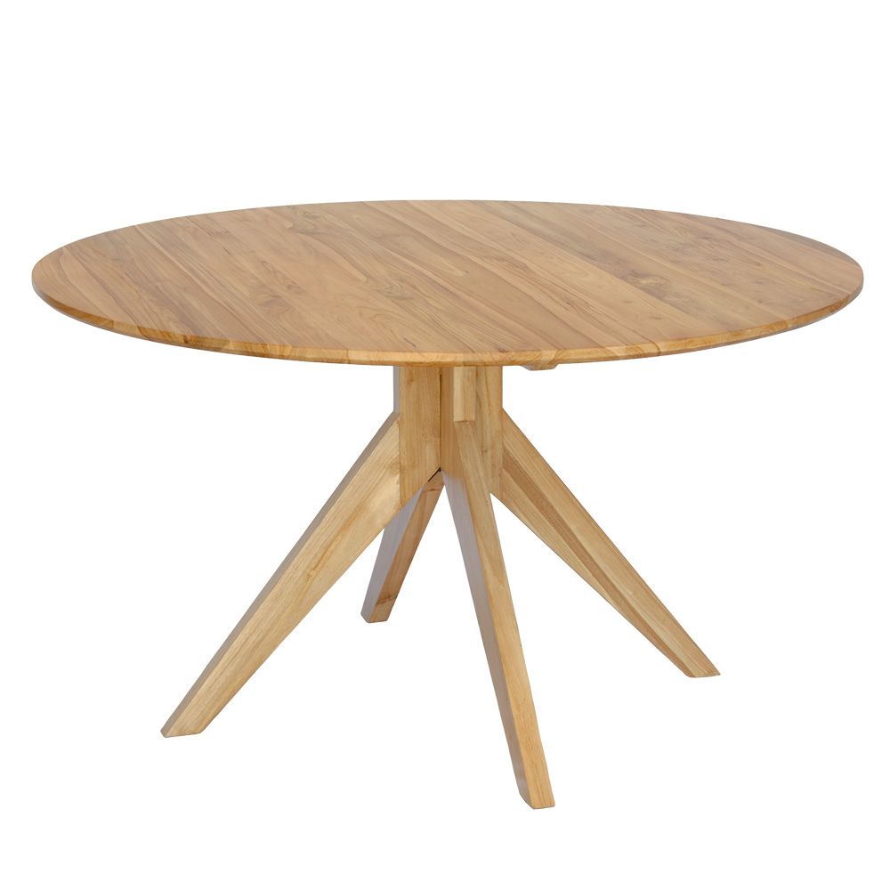 The Roy - Round 1500 diameter dining table. Its round shape and petite size make it an ideal fit for small spaces. Its solid teak construction offer a luxuriously timeless feel. Supported by stylish legs. Measures 1500 Diameter x 770 Height. Angle Top.