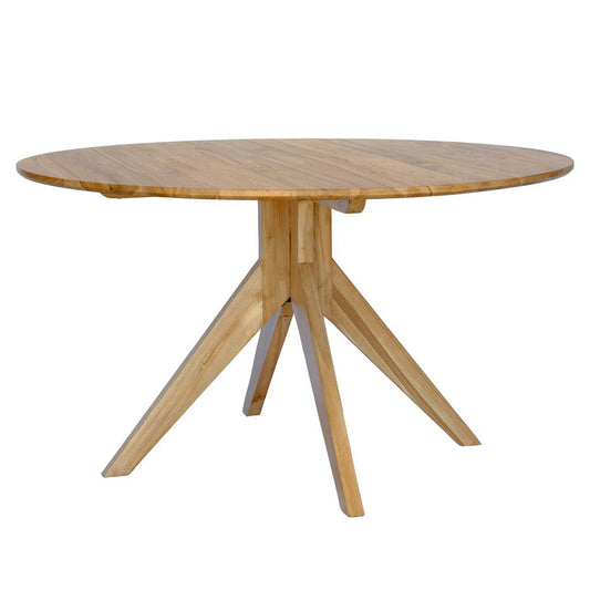 The Roy - Round 1500 diameter dining table. Its round shape and petite size make it an ideal fit for small spaces. Its solid teak construction offer a luxuriously timeless feel. Supported by stylish legs. Measures 1500 Diameter x 770 Height. Front.