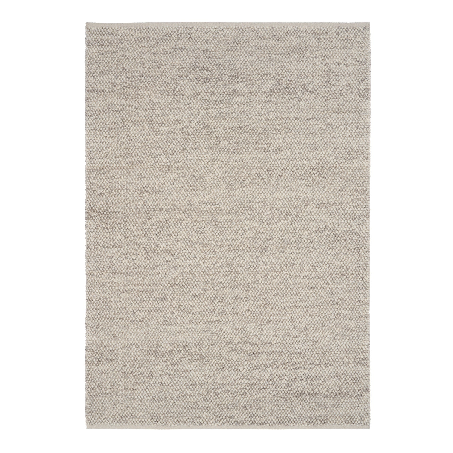 Rusta Silver hand-woven wool rug featuring a looped pile textured design in soft silver tones, ideal for modern and contemporary interiors. Sizes 155 X 225, 200 X 290, 240 X 320 and 300 X 400. Top Full.