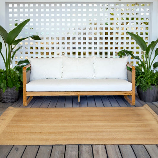 The Sahara Grey Lounge is an indoor/outdoor lounge. Featuring a solid teak frame and UV resistant cushioned seat and back. Colours, natural and grey rope with white cushions. Measures  1800 Wide x 750 depth x 800 back height and 400 seat height. Styled.