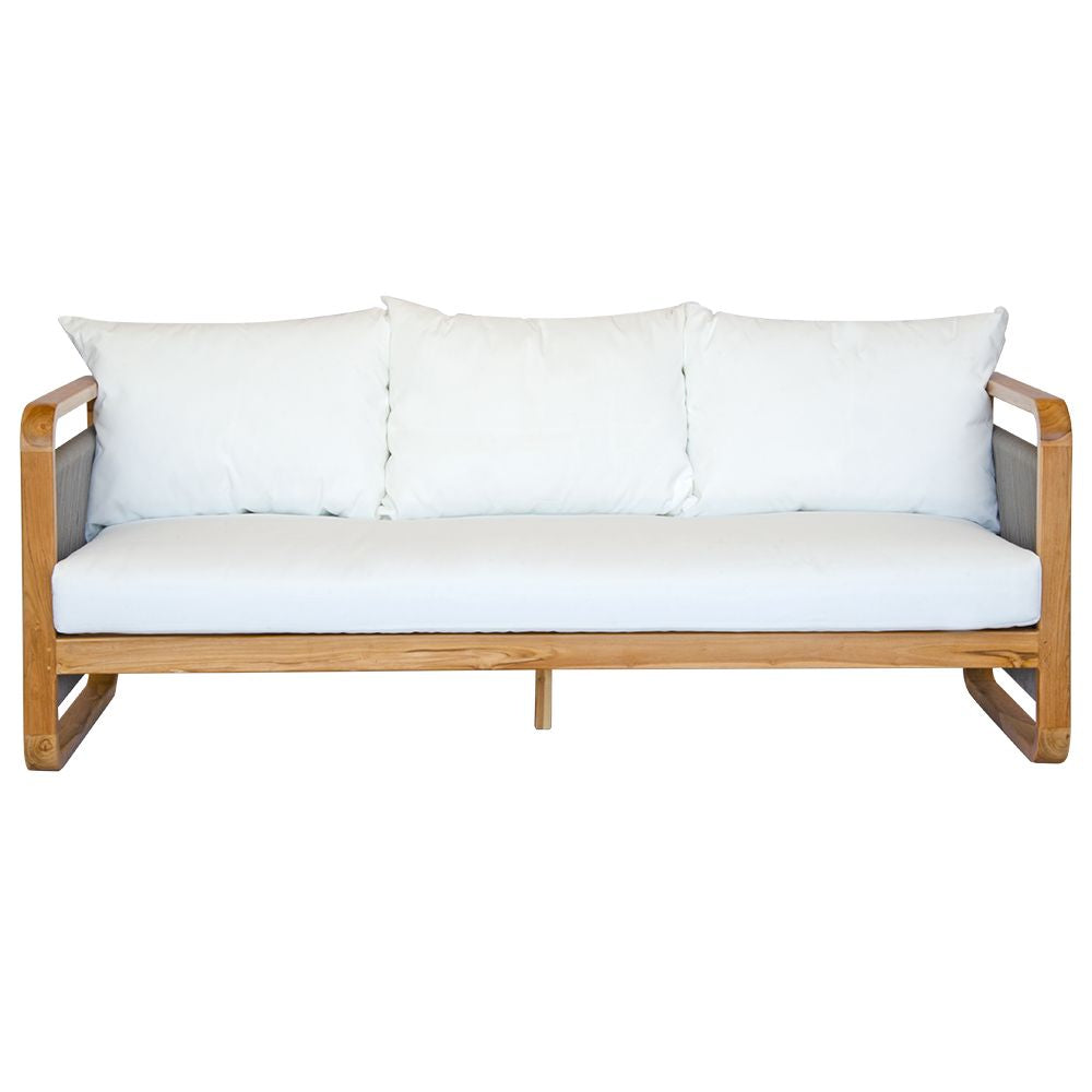 The Sahara Grey Lounge is an indoor/outdoor lounge. Featuring a solid teak frame and UV resistant cushioned seat and back. Colours, natural and grey rope with white cushions. Measures  1800 Wide x 750 depth x 800 back height and 400 seat height. Front Plain.
